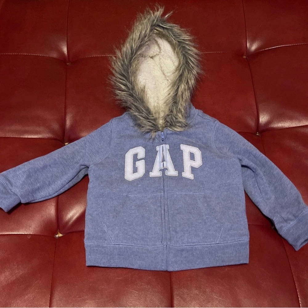 GAP Light Blue Hooded Zip Jacket with Faux-Fur Trim